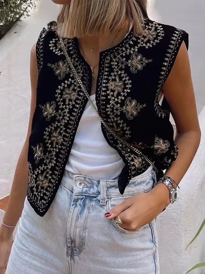 Gilet Vintage Automne en Velours Brodé Col en V Chic pour Femmes Occasions Spéciales Automne Hiver Polyester Coton