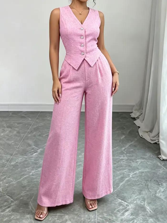 Ensemble chic pour femme : gilet rose sans manches à col en V boutonné et pantalon large taille haute en tweed – Idéal