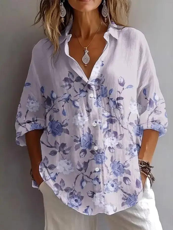 Chemise femme mode Blouses printemps automne graphique Floral élégant Vintage à manches longues col de chemise régulier quotidien boutons hauts