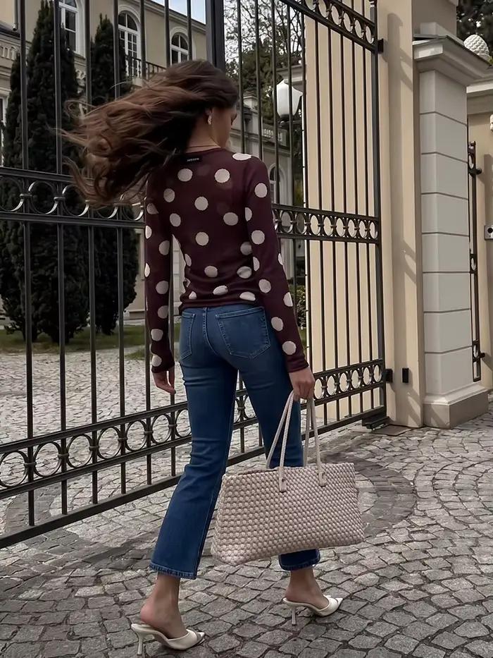 Nouveau Pull Tricoté Femme Printemps 2026 à Pois Col Rond Manches Longues Coupe Ample Décontracté pour Bureau Occasions Spéciales