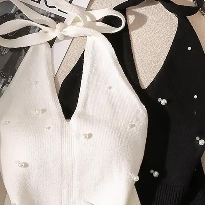 Mode française perlée licou cou cravate noeud dos nu tricoté gilet pour les femmes