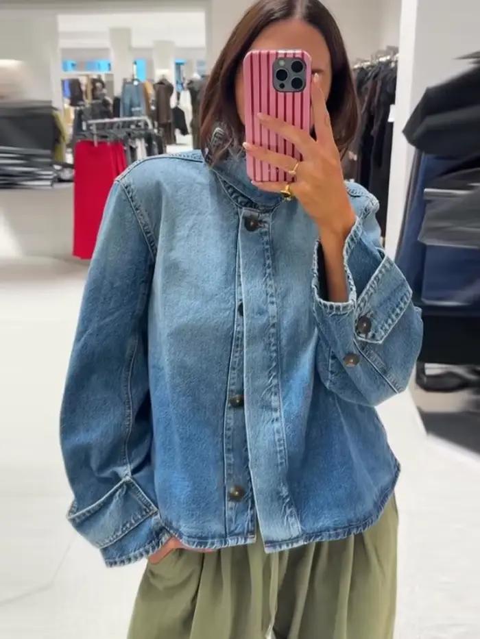 Femmes Denim tricot Patchwork veste revers épissures simple boutonnage à manches longues manteau dame poches