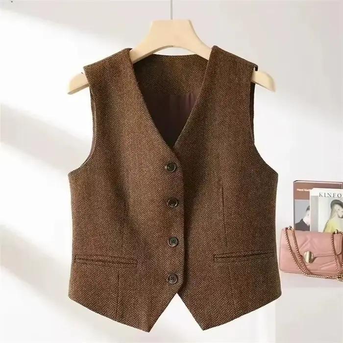 Nouveau gilet rétro style britannique 2026 à col en V et motif chevrons pour femme