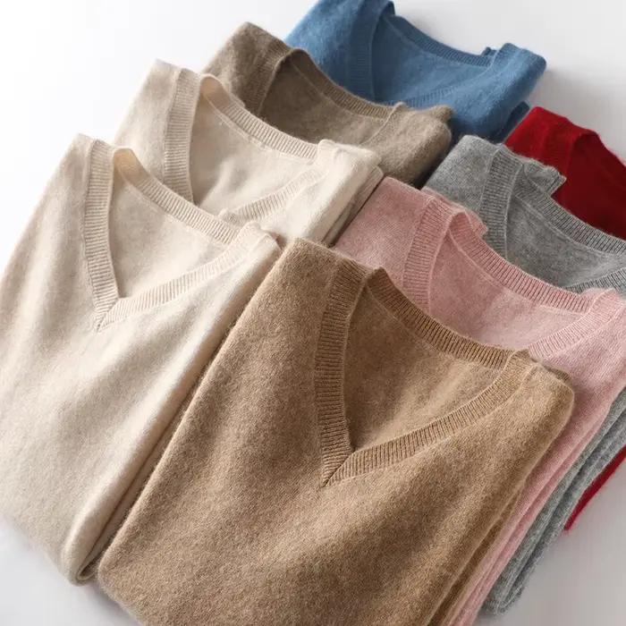 Pull femme col en v manches longues 100% pur cachemire automne hiver chaud doux tricot