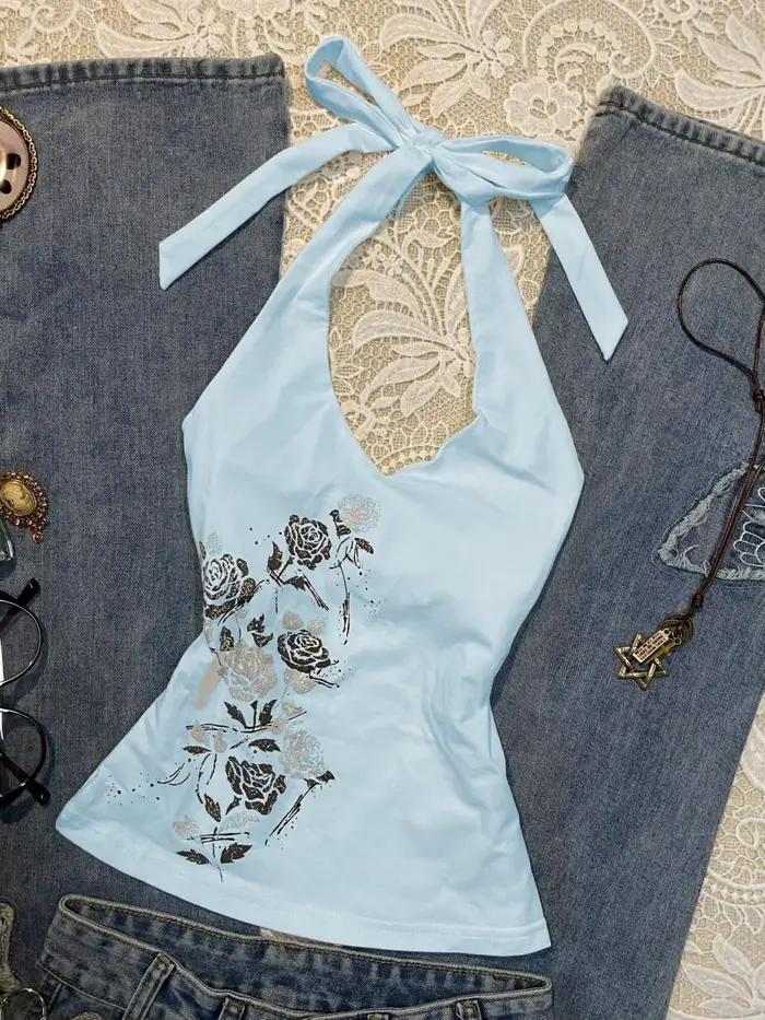 Gilet Camisole imprimé Vintage américain bleu Rose pour femmes