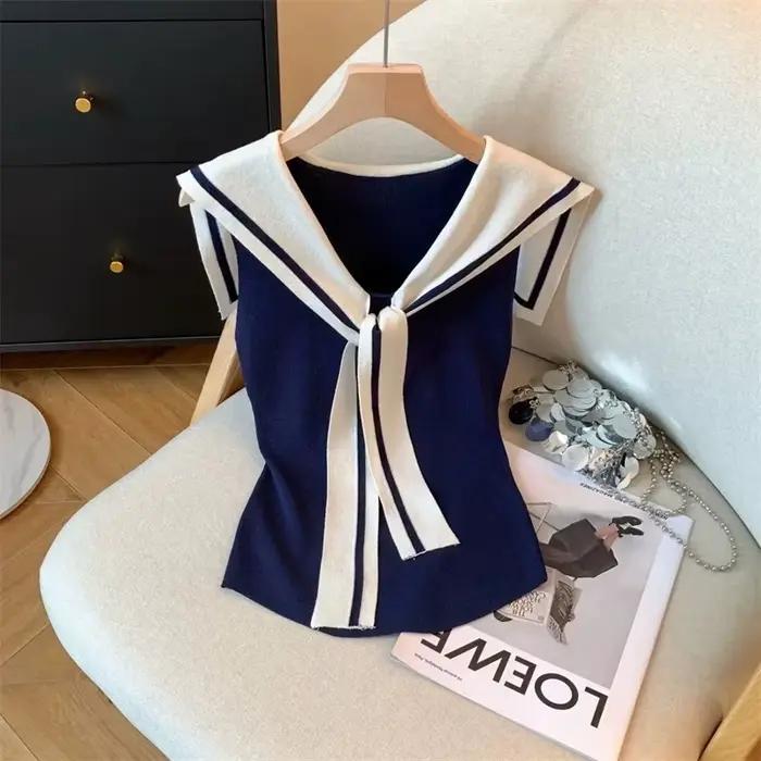 Coréen nouveau 2025 contraste tricoté gilet femmes été mode tempérament sans manches ample