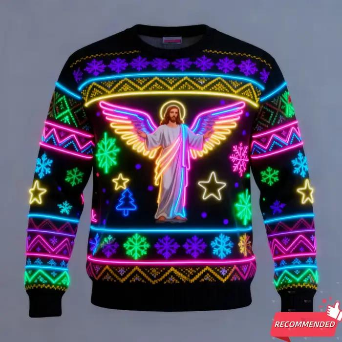 2025 nouveau faux néon jésus Santa impression 3D laid pull de noël joyeux