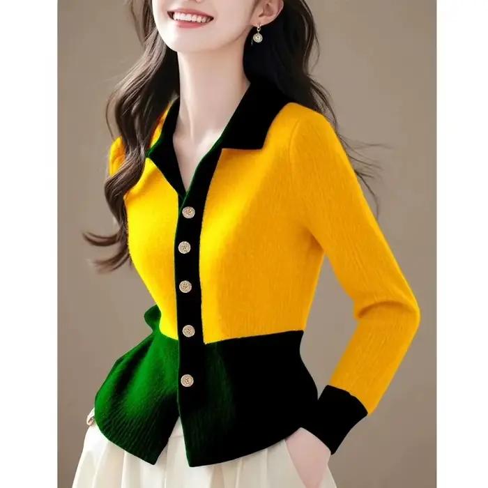 Femmes pull tricoté 2026 nouveau printemps automne mode col Polo couleur bloc tricots Cardigan manteau polyvalent