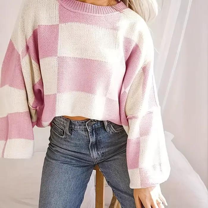 2025 pull nouveau couleur contrastée damier tricoté