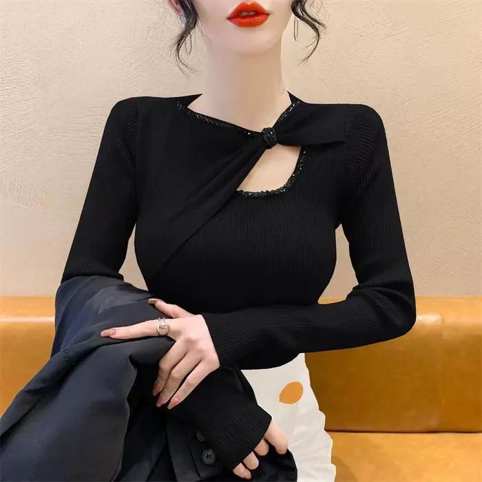 Chandails tricotés pour femmes avec strass automne mode coréenne vêtements ventes Y2k haut Vintage vêtements d'extérieur nœud femme pull