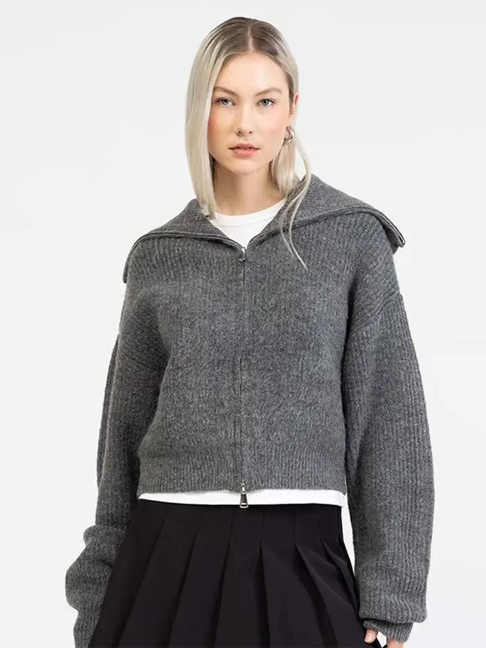 Pull court côtelé à fermeture éclair pour femme