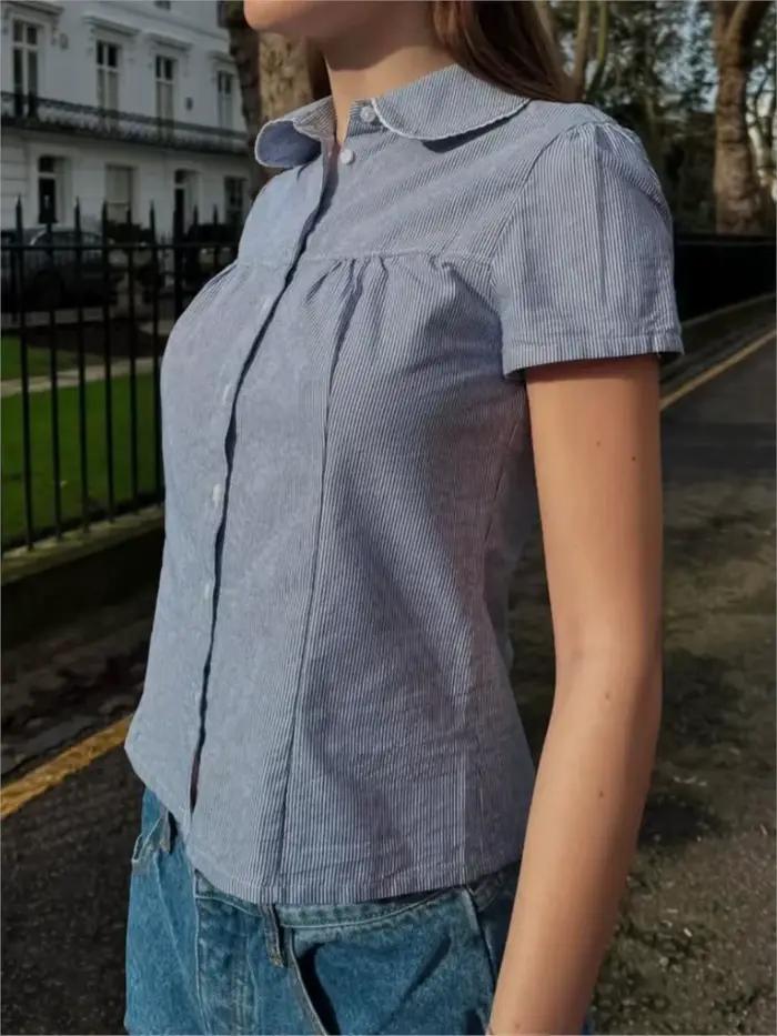 Bleu rayé col claudine Blouse femmes décontracté Style Preppy boutons à manches courtes t-shirt doux Vintage mignon T-shirts Y2K hauts nouveau