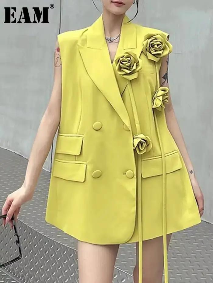 Gilet EAM en coton polyester jaune col rabattu pour femmes style streetwear toutes saisons occassions festive et quotidienne