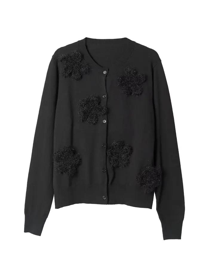 Cardigan tricoté noir avec détails floraux Streetwear quotidien Style rétro et artistique 255267