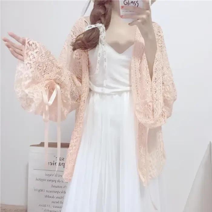Cardigan en Dentelle Ajourée à Manches sulfLanterne pour Femme