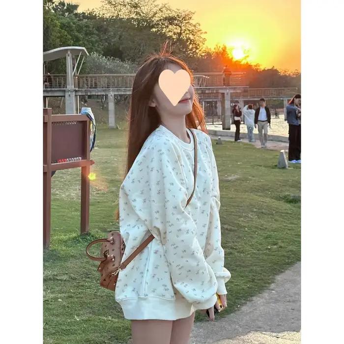 Sweat-shirt fin à fleurs pour femmes, nouveau haut ample à col rond, beau, printemps automne