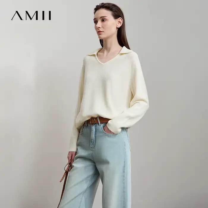 AMII femmes pull 2025 automne nouvelle femme vêtements couleur unie col en v