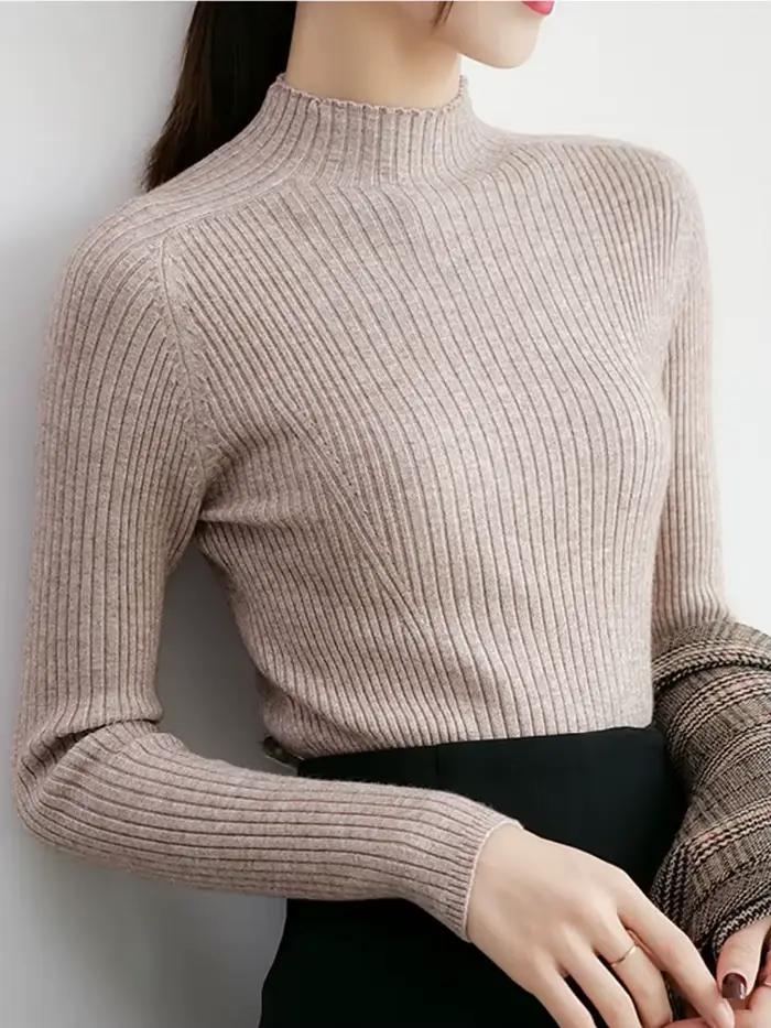 Femmes côtelé tricoté chandails 2026 automne hiver pull col montant à manches longues mince