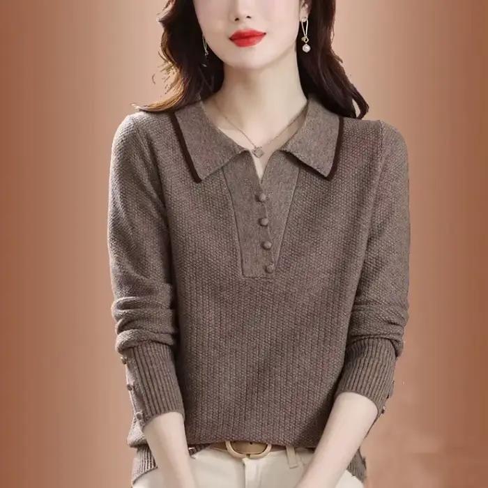 Pull élégant décontracté pour femmes, polyester et acrylique, col rabattu, adapté aux occasions spéciales et quotidiennes