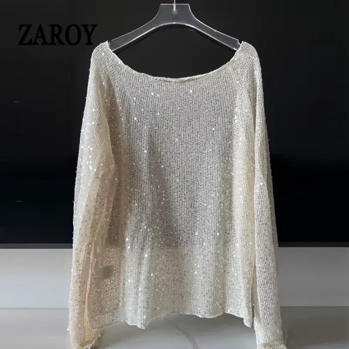 ZAROY femmes paillettes tricot évider pulls décontracté ample à manches longues col rond brillant Crochet couverture