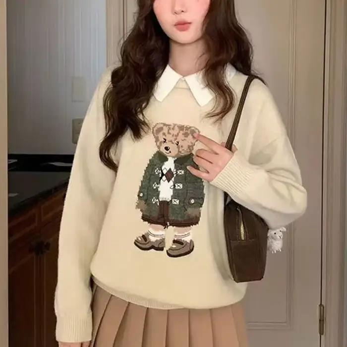 Mode coréenne classique ours pull en vrac hiver automne à manches longues gris hauts mignon dessin animé Jacquard