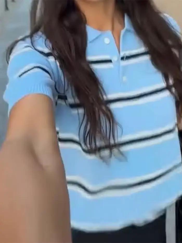 Haut tricoté rayé à col Polo ajouré pour femme