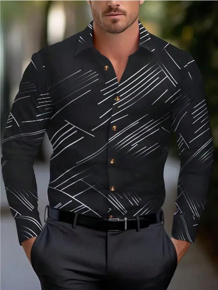 Chemise col rond pour hommes, manches longues, revers rayé, chemise décontractée pour le printemps, l'automne, l'hiver et l'été