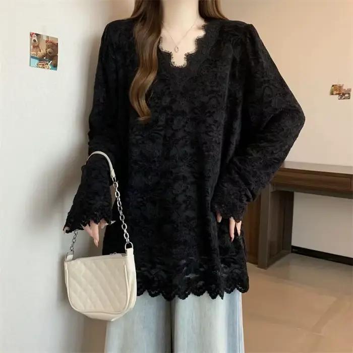 Col en V dentelle Patchwork lâche coréen pulls haut automne hiver nouveau à manches longues solide doux t-shirts mode paresseux femmes vêtements