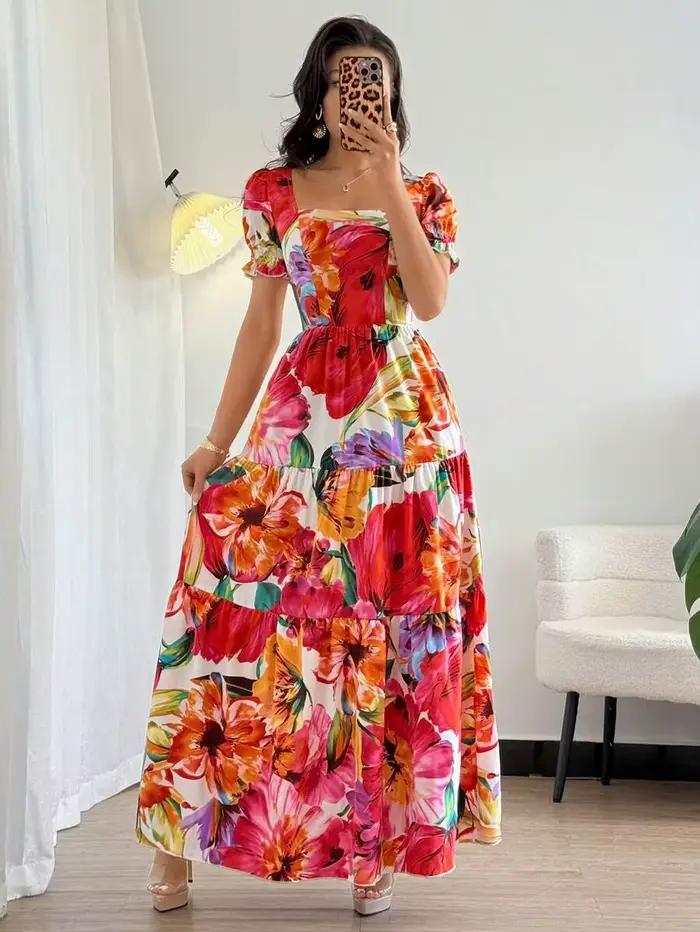 Robe longue maxi à col carré imprimée numériquement rouge, élégante robe d'été pour femmes, idéale pour le quotidien et les rendez-vous romantiques