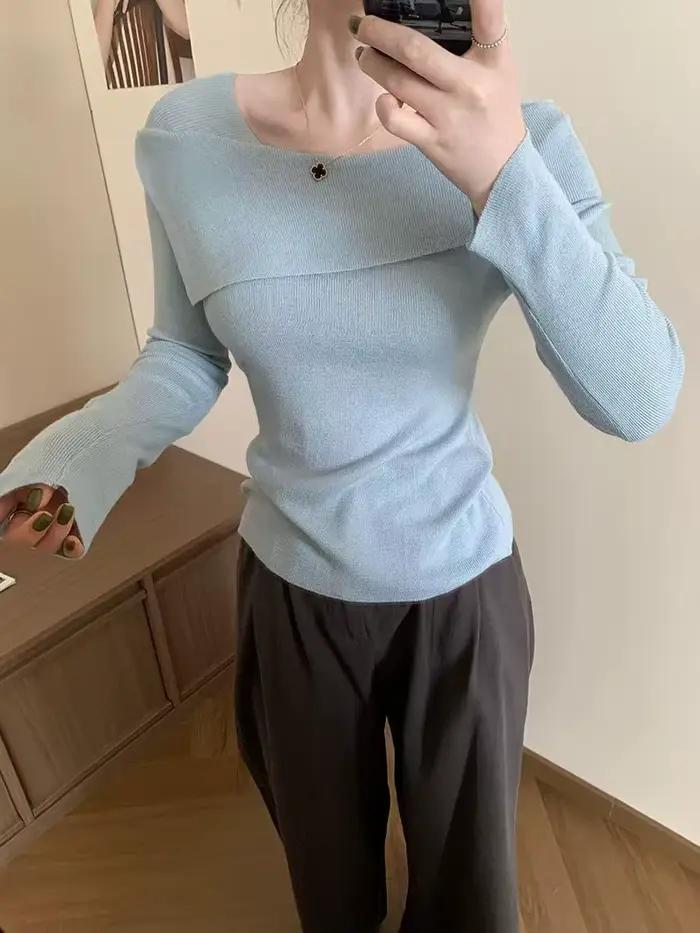Haut en tricot à col irrégulier pour femme pour l'automne et l'hiver
