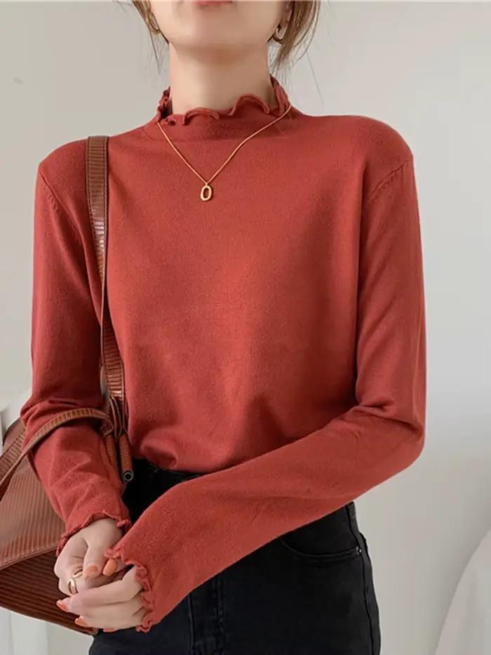 AOSSVIAO 2026 Nouveau Pull Femme Automne Hiver Manches Longues Haut Basique Mode Froncé Élastique Tricoté Uni