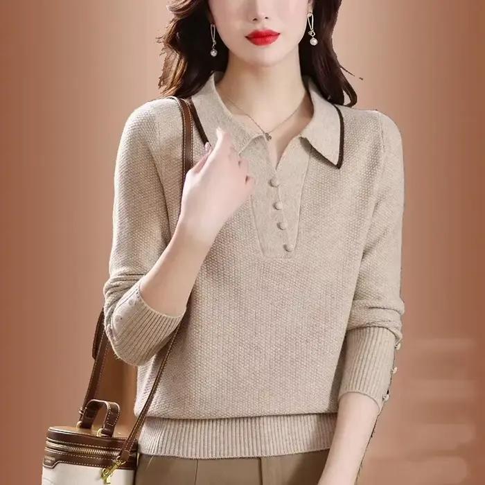 Pull élégant décontracté pour femmes, polyester et acrylique, col rabattu, adapté aux occasions spéciales et quotidiennes