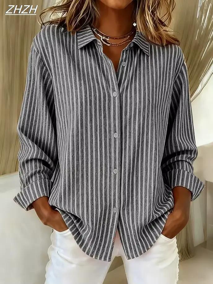 Chemise femme chemisier rayé Vintage élégant décontracté à manches longues col de chemise hauts réguliers boutons quotidiens imprimer printemps automne hiver