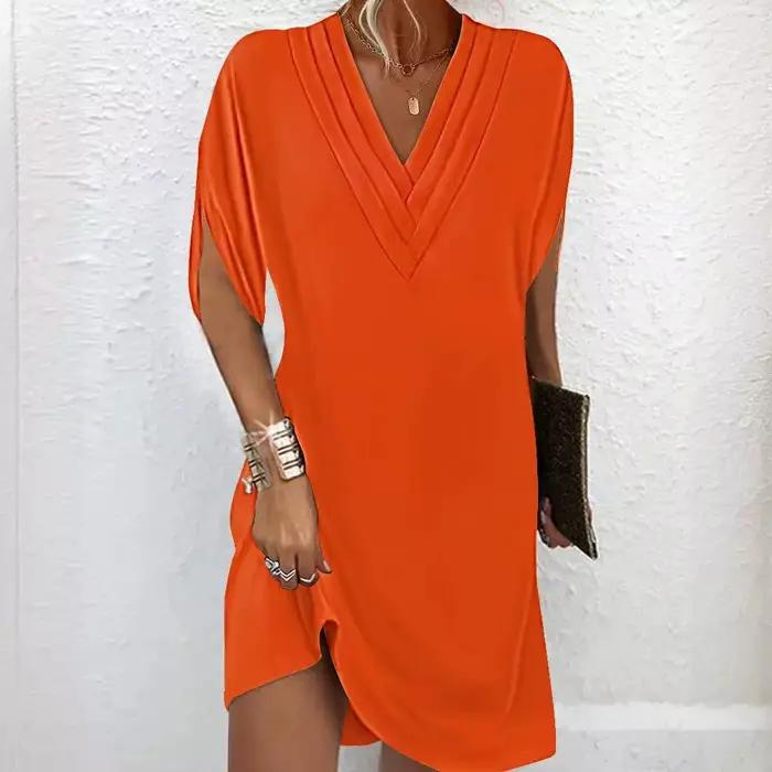 Femmes élégantes multicouche col en V pull robes été chauve-souris demi manches robe nouvelle femme couleur unie