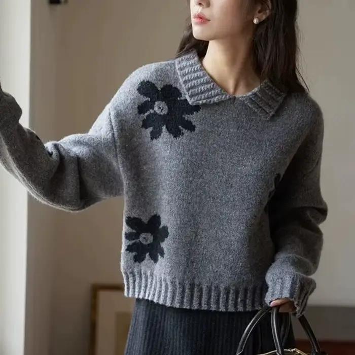 Pull à revers gris à fleurs rétro français pour femmes