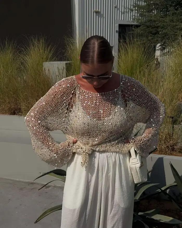 ZAROY femmes paillettes tricot évider pulls décontracté ample à manches longues col rond brillant Crochet couverture
