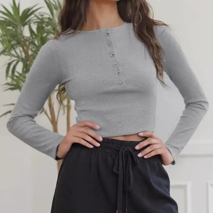 Puloru-T-shirt à manches longues et col Henley pour femme