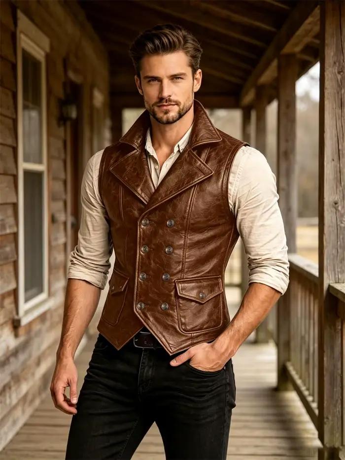 Gilet en cuir pour homme, style vintage western, coupe ajustée, double boutonnage, col à revers, sans manches, mode streetwear moto