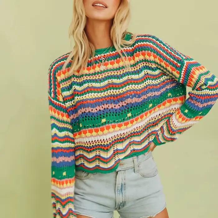 Puloru-Pull rayé vintage des années 90 pour femme