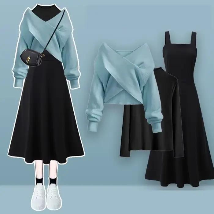 Femmes printemps automne nouveau Vintage tricot pull + chemise + sangle robe Midi 3 pièces costume 2025 coréen élégant