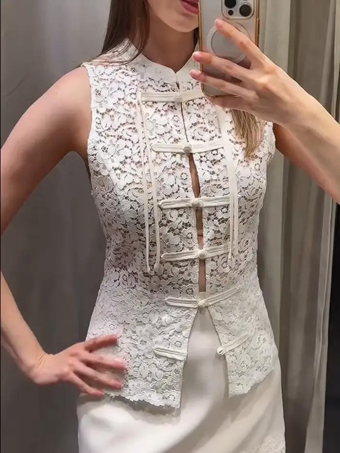 Nouveau Gilet Décontracté d'Été 2026 pour Femme HH, Blanc, Ajouré, à Motif Floral en Dentelle, Sans Manches, Coupe Slim, Boutonnage Simple, Idéal pour les Vacances