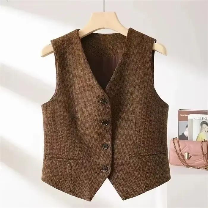 Nouveau gilet rétro style britannique 2026 à col en V et motif chevrons pour femme