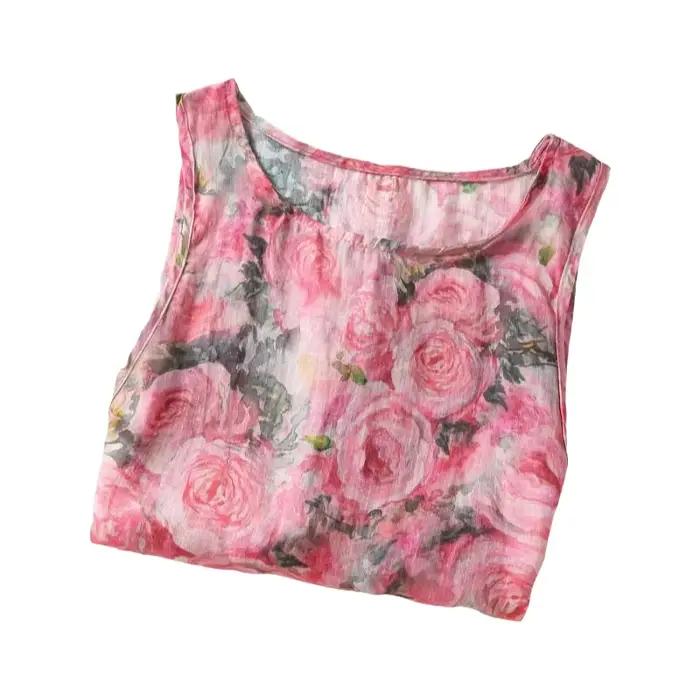 Gilet long tricoté décontracté rétro en coton et lin pour femme