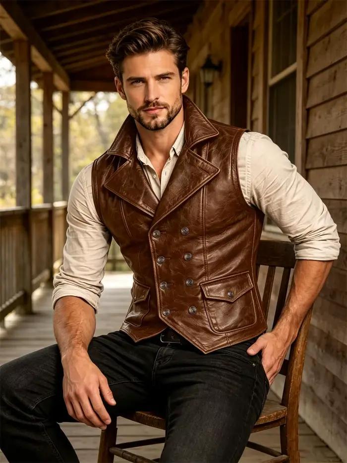 Gilet en cuir pour homme, style vintage western, coupe ajustée, double boutonnage, col à revers, sans manches, mode streetwear moto