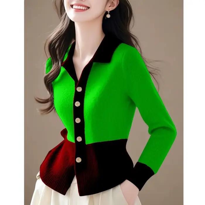 Femmes pull tricoté 2026 nouveau printemps automne mode col Polo couleur bloc tricots Cardigan manteau polyvalent