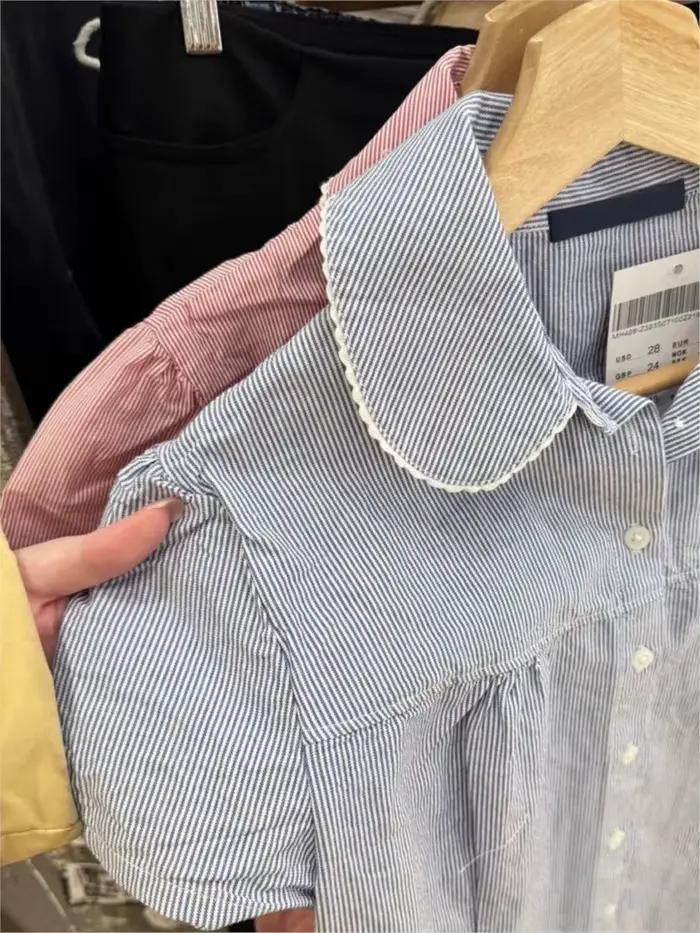 Bleu rayé col claudine Blouse femmes décontracté Style Preppy boutons à manches courtes t-shirt doux Vintage mignon T-shirts Y2K hauts nouveau