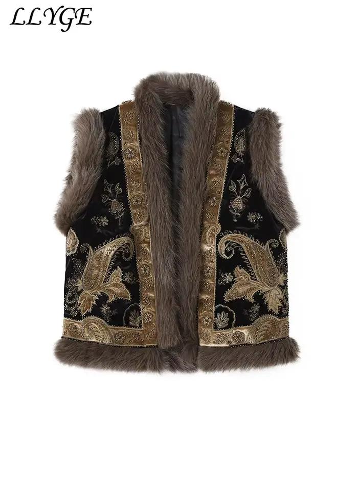 Rue broderie fourrure Patchwork gilets femmes col montant sans manches femme