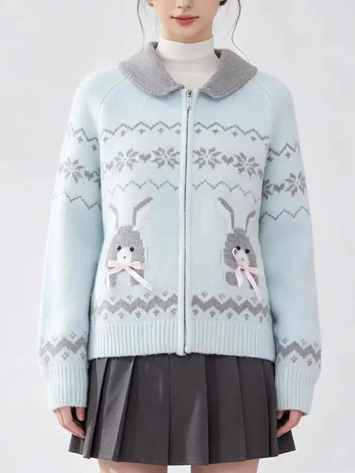 Pull décontracté bleu clair à col lapin pour femme