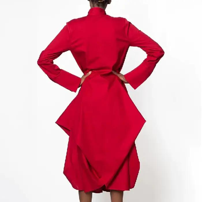Robe mi-longue rouge à volants asymétriques pour femmes, col haut, col montant, manches longues, ample, élégante, robes de soirée, nouvelle collection 2026