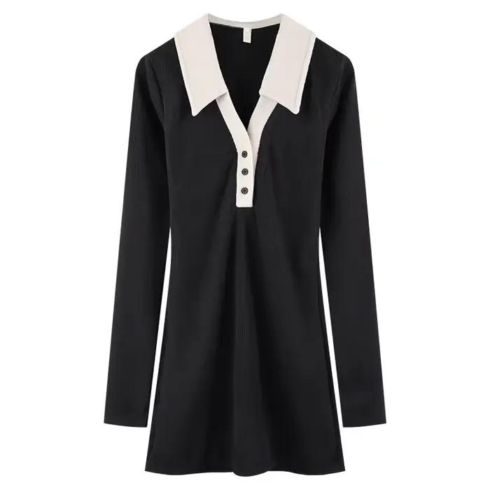 Robe marron française tricotée à col Polo pour femmes